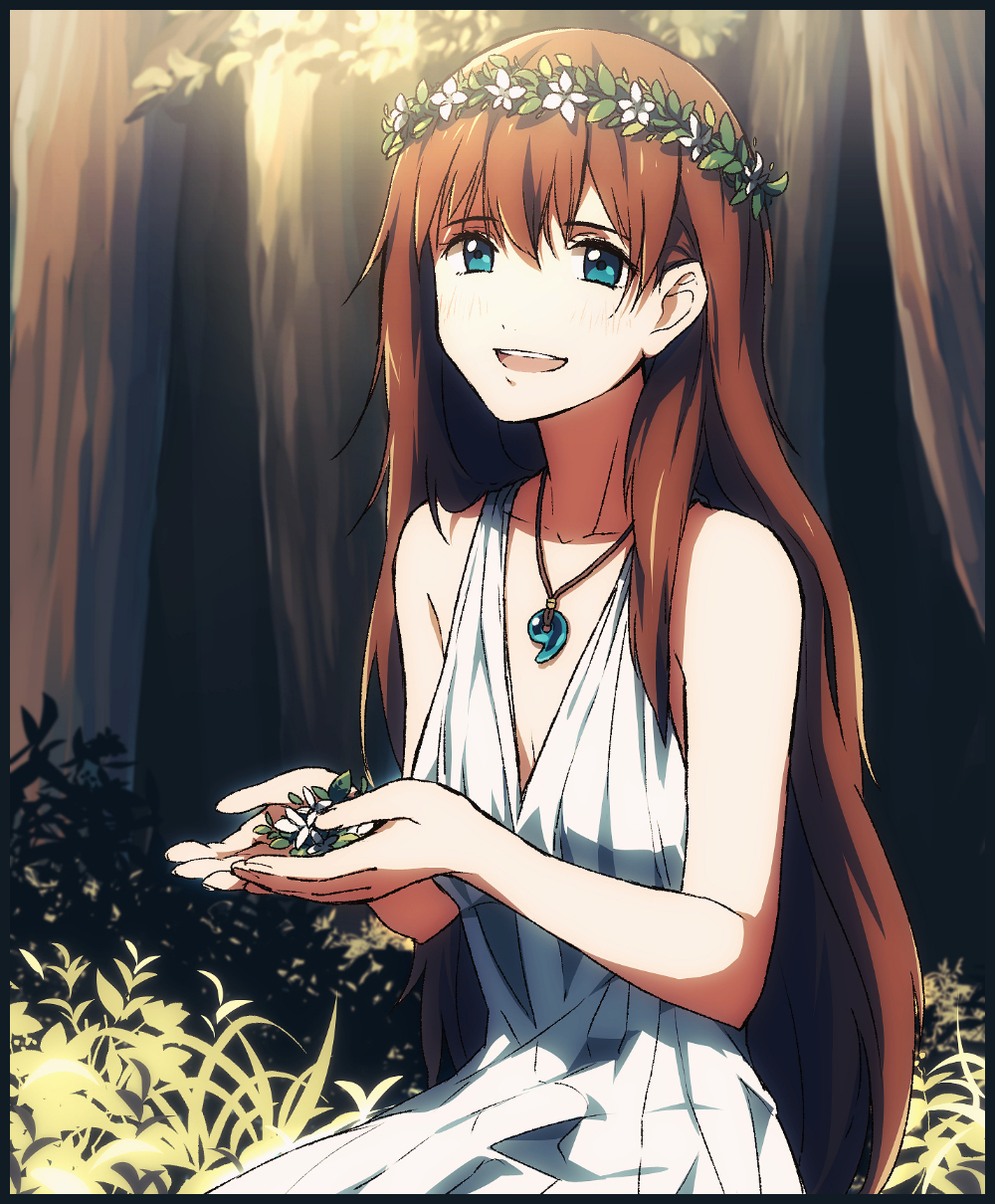 1girl, aqua_eyes, bare_shoulders, brown_hair, dress, head_wreath, highres, jewelry, long_hair, matsuki_(mikipingpong), necklace, original, pendant, sleeveless, smile, solo, tree