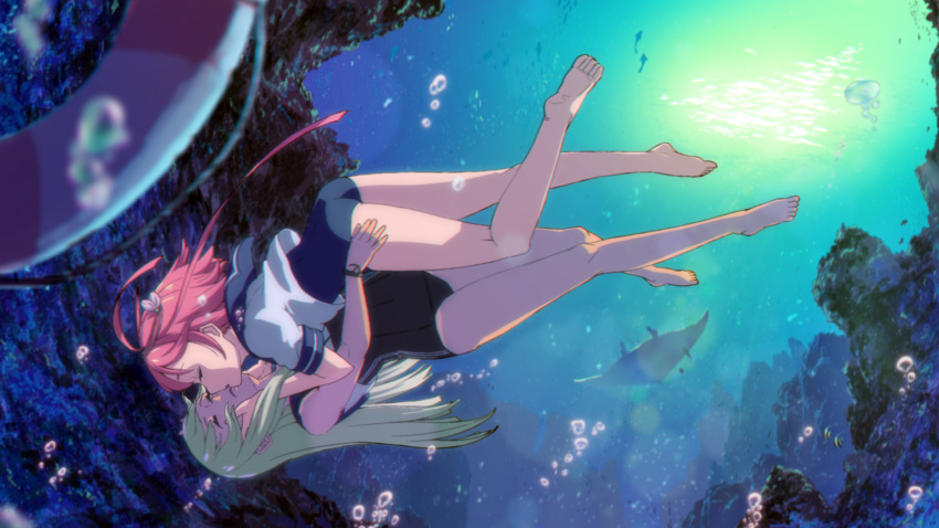 2girls, amazawa_kazumi, blonde_hair, closed_eyes, crop_top, highres, i-58_(kantai_collection), kantai_collection