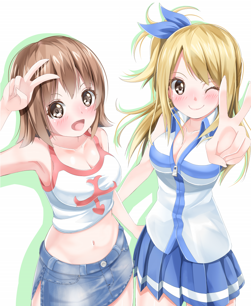 2girls, amagami_rukichi, blonde_hair, brown_eyes, brown_hair, creator_connection, crossover, denim_skirt