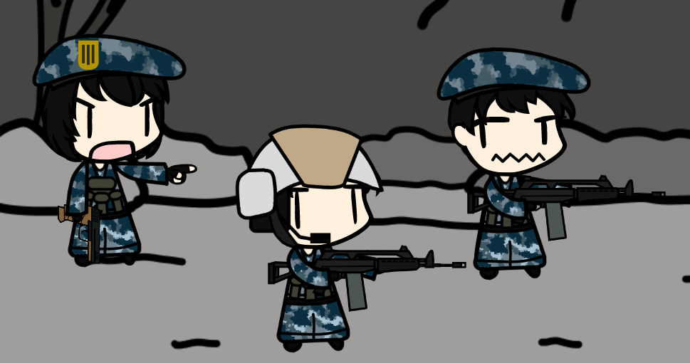 3boys, arma_(series), arma_3, assault_rifle, beret, chibi, china, concept_art