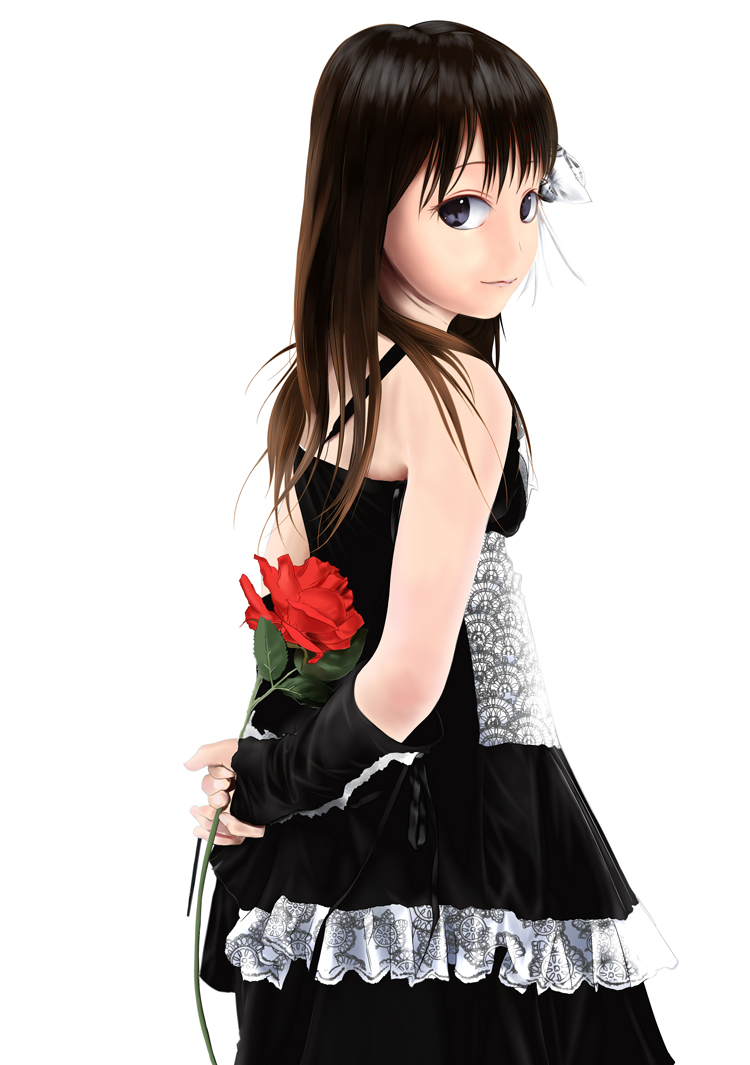 arms_behind_back, bad_id, bare_shoulders, black_eyes, bow, brown_hair, dress, flower