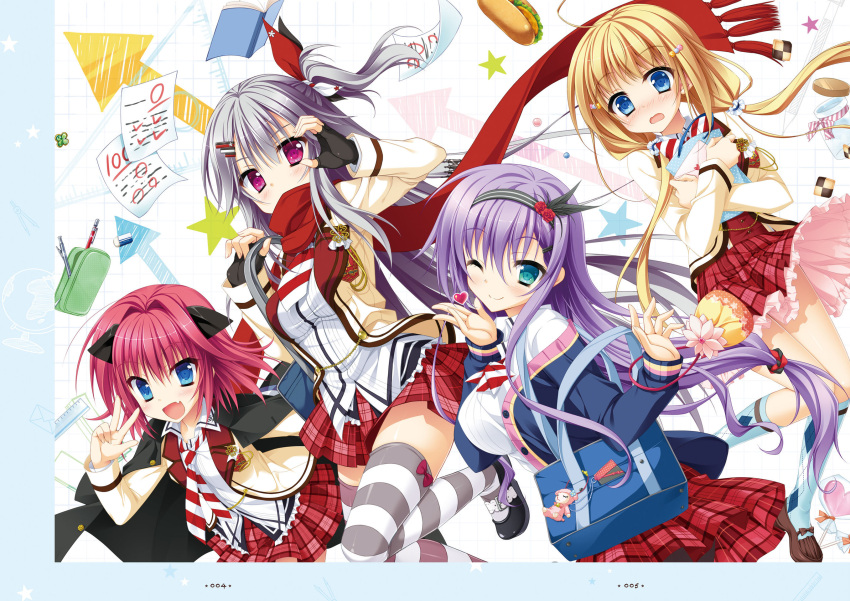 4girls, :d, ;d, blonde_hair, blue_eyes, blush, eraser, fang