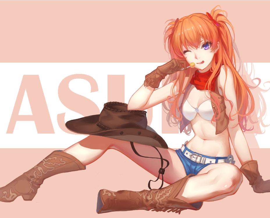 1girl, bikini_top, blue_eyes, bojue_yu_yaojing_695657, boots, breasts, candy, character_name