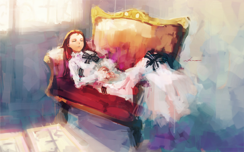 brown_hair, closed_eyes, cosplay, couch, dress, ekao, eliza_doolittle, eliza_doolittle_(cosplay), highres, idolmaster, long_hair, lying, minase_iori, my_fair_lady, on_back, red_hair, sleeping, solo, white_dress