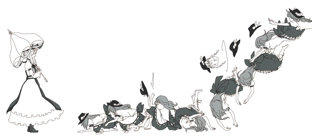 bad_id, falling, hinanawi_tenshi, monochrome, multiple_girls, noki_(pixiv363792), nosaki_(pixiv363792), parasol, profile, rolling, sequential, shide, touhou, umbrella, yakumo_yukari