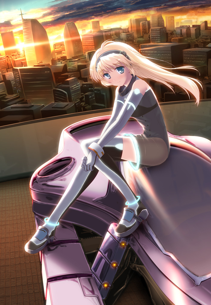 blonde_hair, blue_eyes, cityscape, detached_sleeves, futuristic, hairband, original, ryoumoto_ken