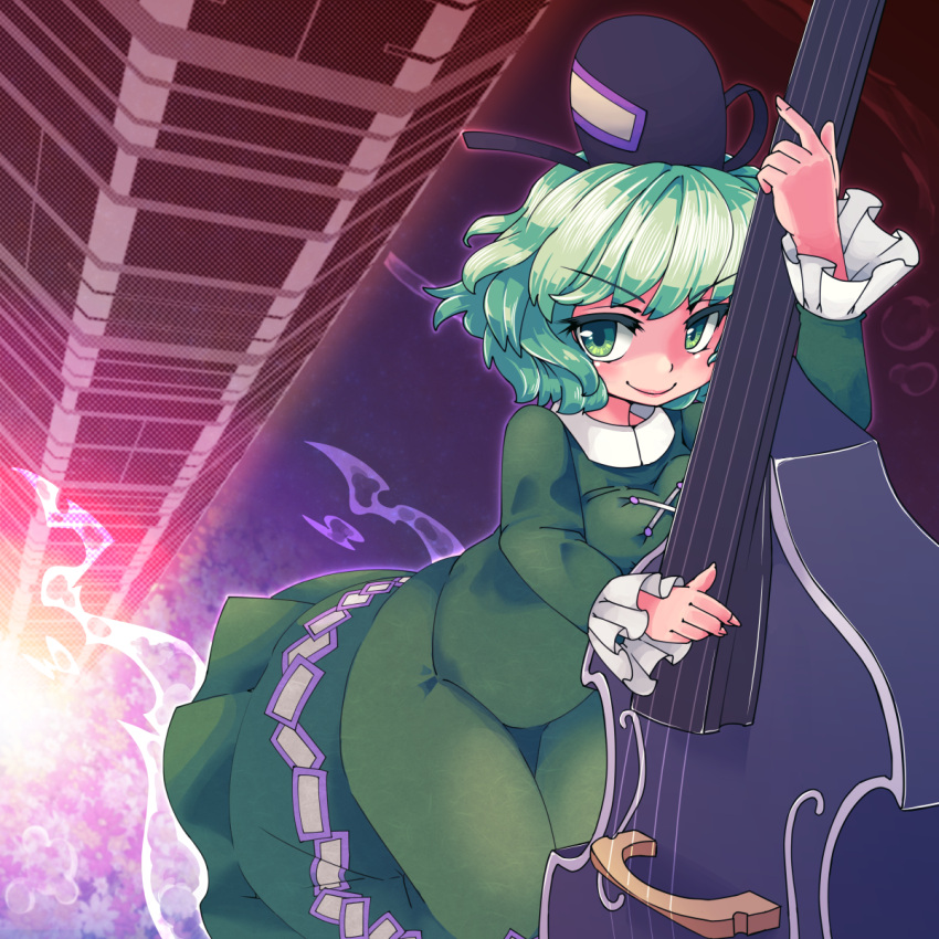 1girl, arm_up, double_bass, dress, ghost_tail, glowing, green_dress, green_eyes
