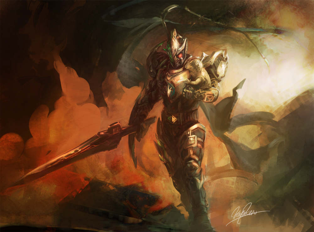2boys, armor, baby, carrying, hayaken, joker_(blade), kamen_rider, kamen_rider_blade, kamen_rider_blade_(series), male, multiple_boys, red_eyes, sword, weapon