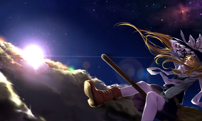 1girl, arm_up, blonde_hair, boots, bow, braid, broom, broom_riding
