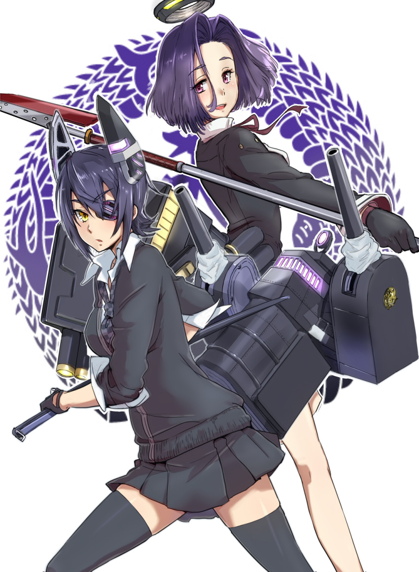 2girls, black_legwear, breasts, cannon, cardigan, checkered_necktie, cowboy_shot, eyepatch