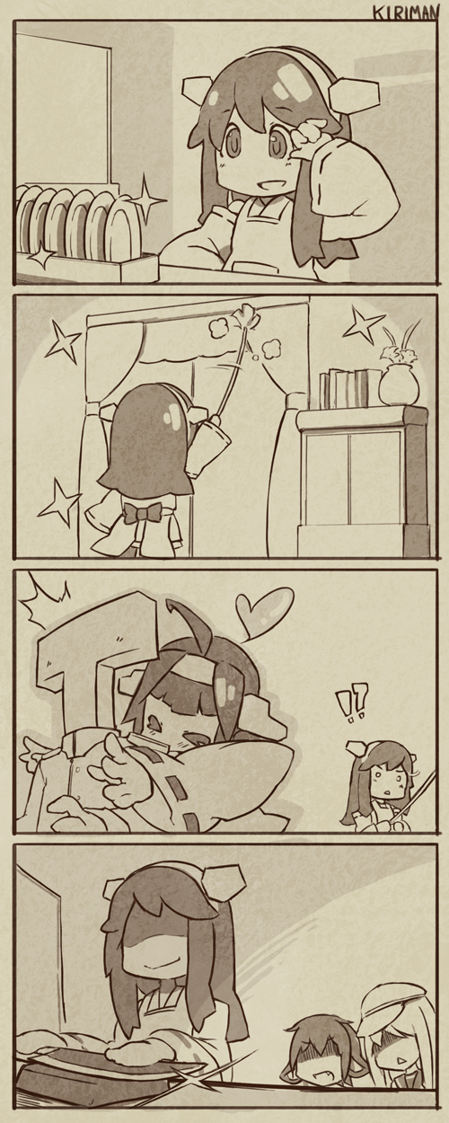 !?, 1boy, 4girls, admiral_(kantai_collection), ahoge, cleaning, cleaning_brush, dishes