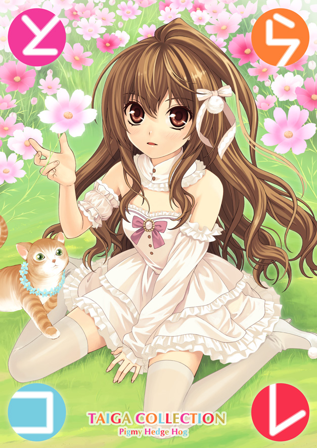 bare_shoulders, brown_eyes, brown_hair, cat, detached_sleeves, dress, flower, hair_ribbon