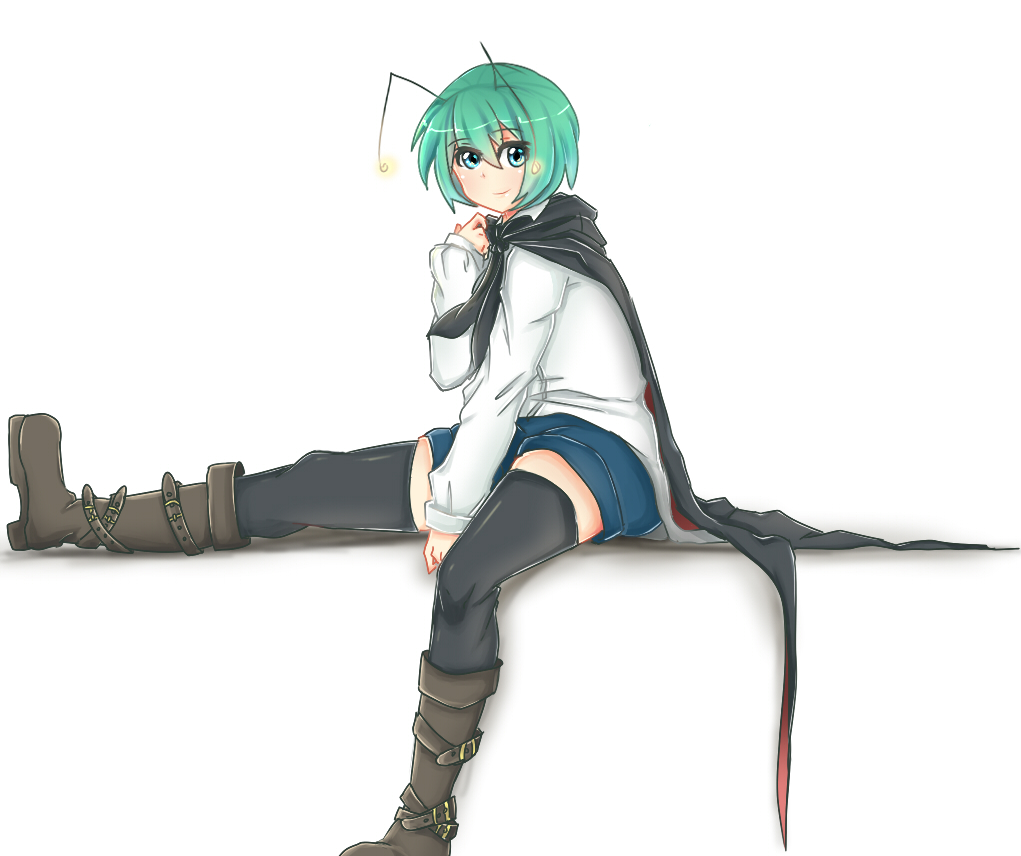 1girl, antennae, belt, black_cape, black_legwear, blue_shorts, boots, cape