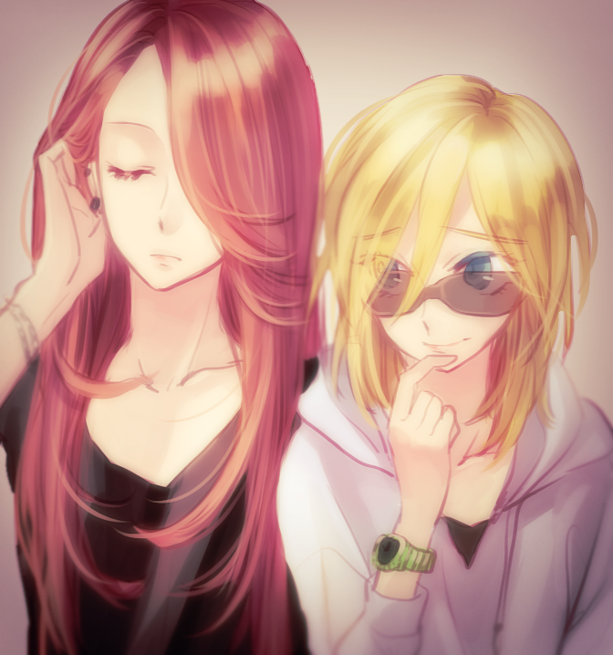 2boys, androgynous, blonde_hair, blue_eyes, bracelet, closed_eyes, hair_over_one_eye, hoodie