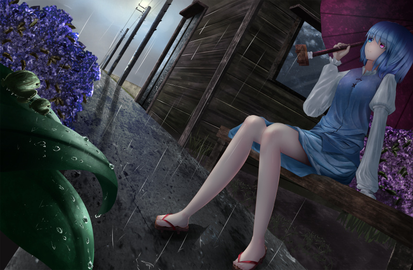 1girl, bench, blue_eyes, blue_hair, cacao_devil, dutch_angle, fence, flower