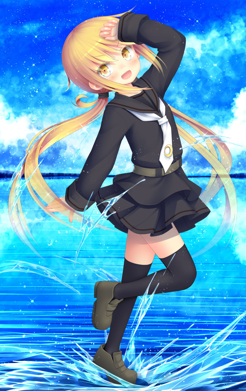 1girl, absurdres, arm_up, black_legwear, blonde_hair, blush, clouds, highres