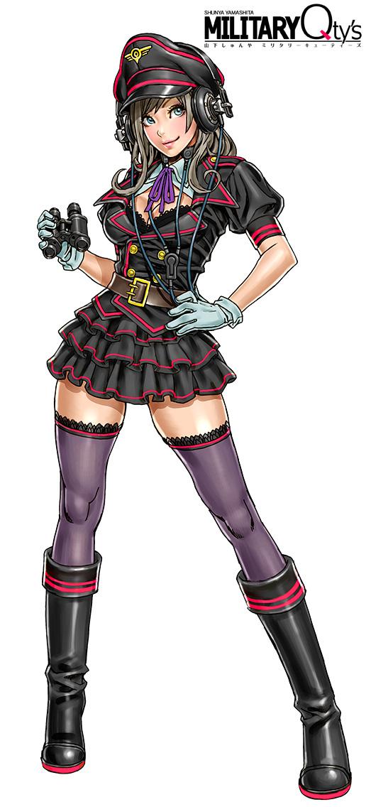 1girl, artist_name, belt, binoculars, black_boots, black_footwear, blue_eyes, boots