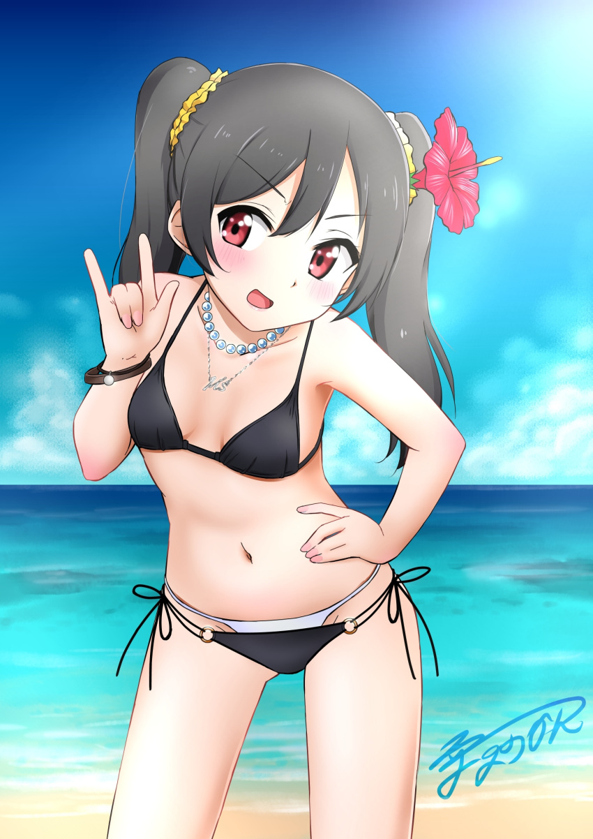 1girl, :d, \m/, beach, bikini, black_bikini, black_hair, blush