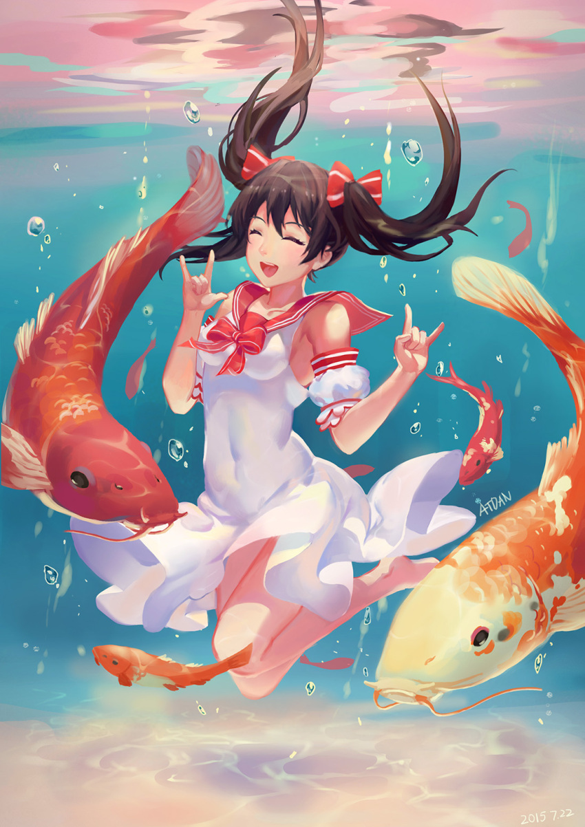 1girl, ^_^, artist_name, atdan, breasts, bubble, closed_eyes, fish