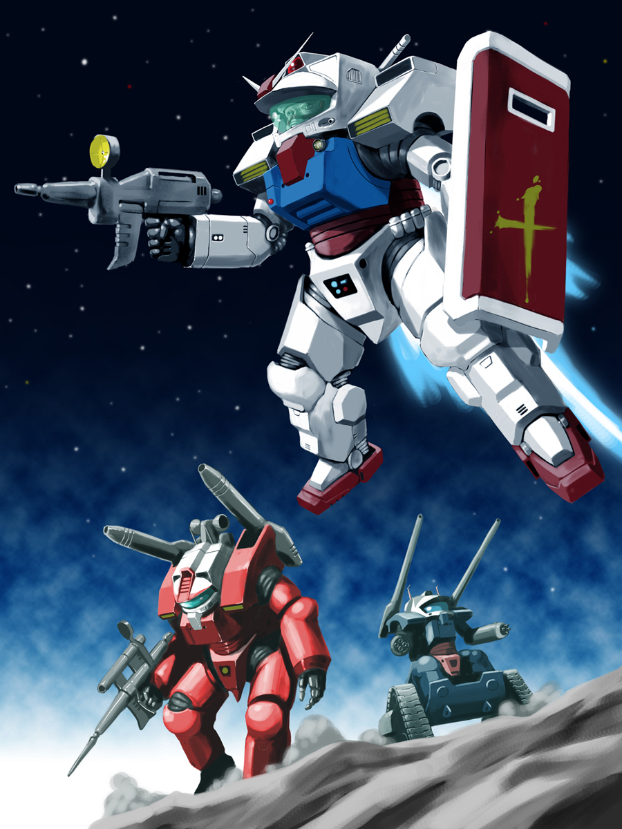 afterburner, beam_rifle, cannon, caterpillar_tracks, crossover, dust_cloud, dutch_angle, energy_gun