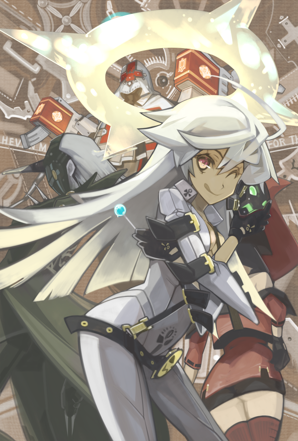 2boys, 2girls, ;q, ano_otoko, back, belt, bokaa_(exploration), guilty_gear