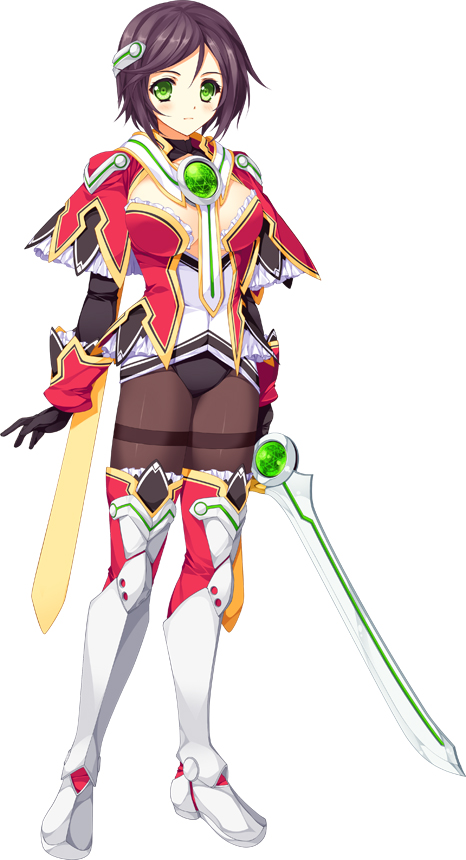 1girl, black_hair, boots, breasts, bridal_gauntlets, cleavage, full_body, gem, green_eyes, hair_ornament, jewelry, jougasaki_ritsuko, leotard, looking_at_viewer, pantyhose, short_hair, simple_background, solo, standing, sword, tamiya_akito, thigh-highs, weapon, white_background, zettai_ryouiki