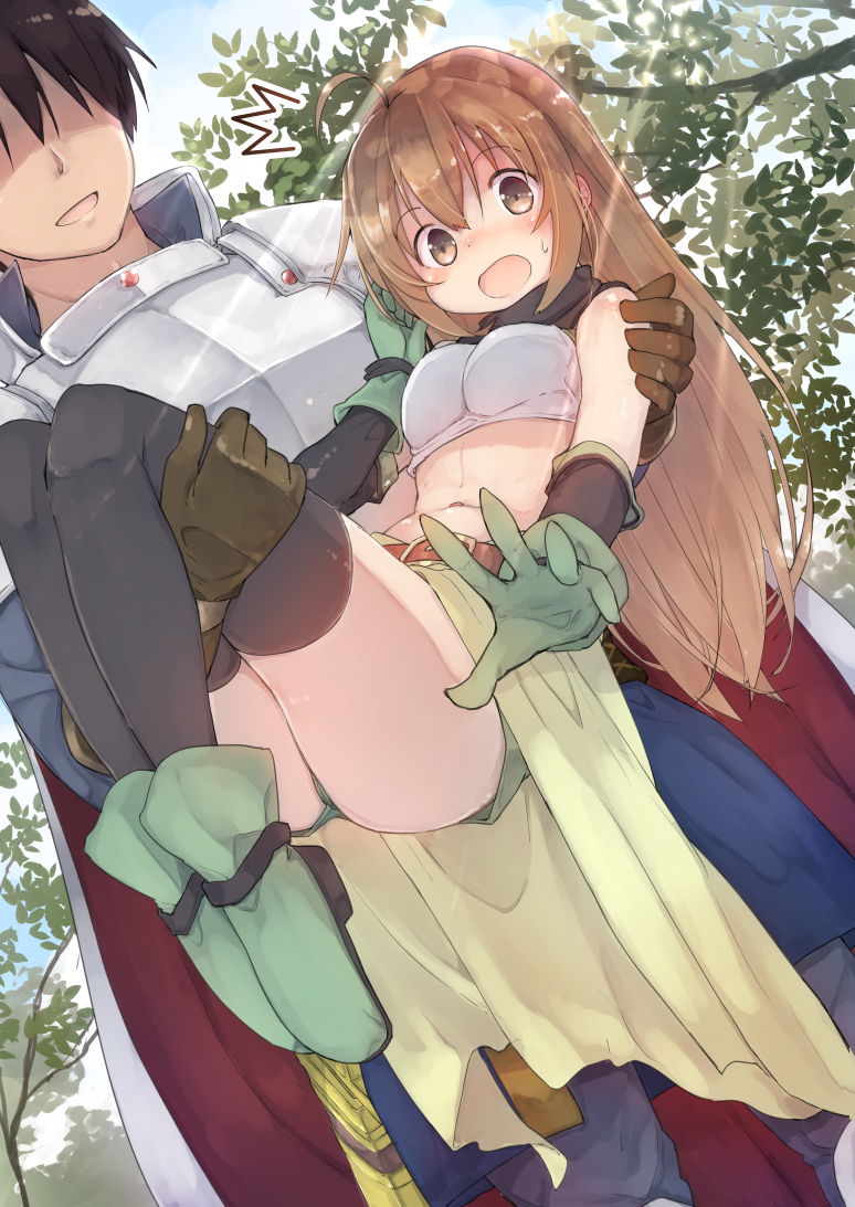 /\/\/\, 1boy, 1girl, :o, ahoge, armor, belt, black_hair, black_legwear, blush, brown_eyes, brown_hair, cape, carrying, dutch_angle, from_below, gloves, hair_tucking, navel, oge_(ogeogeoge), prince_(sennen_sensou_aigis), princess_carry, sennen_sensou_aigis, soma_(sennen_sensou_aigis), thigh-highs, tree