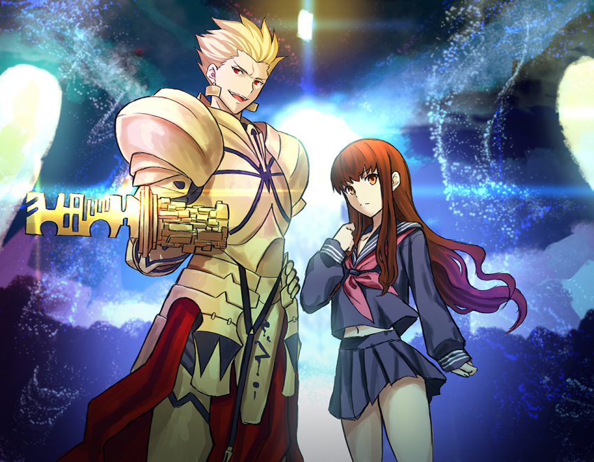 1boy, 1girl, aora, armor, blonde_hair, blue_miniskirt, blue_skirt, brown_eyes