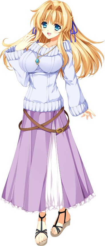 1girl, blonde_hair, blue_eyes, breasts, casual, full_body, gem, jewelry