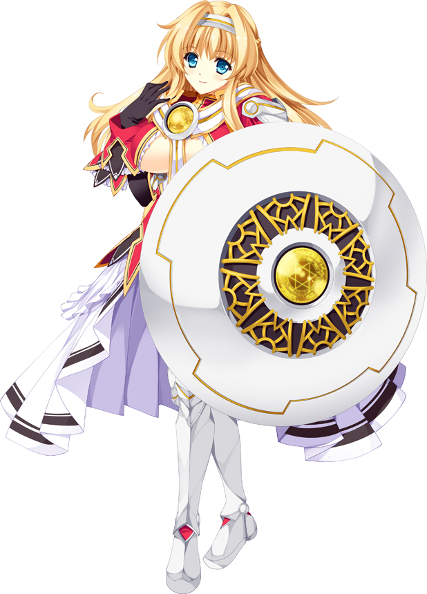 1girl, blonde_hair, blue_eyes, boots, breasts, bridal_gauntlets, full_body, gem, jewelry, katarina_kujo, long_hair, looking_at_viewer, shield, simple_background, smile, solo, standing, tamiya_akito, under_boob, very_long_hair, white_background
