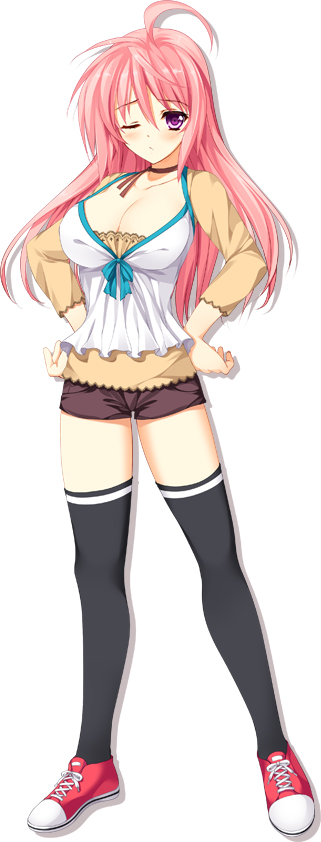 1girl, black_legwear, blush, breasts, cleavage, full_body, hands_on_hips, looking_at_viewer