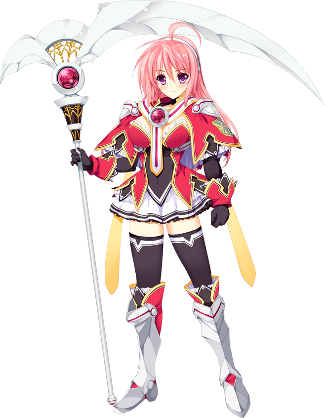 1girl, ahoge, black_legwear, blush, boots, breasts, bridal_gauntlets, cleavage, dress, elbow_gloves, frilled_skirt, frills, full_body, gem, gloves, jewelry, looking_at_viewer, murasame_makoto, pink_hair, scythe, simple_background, skirt, solo, standing, tamiya_akito, thigh-highs, violet_eyes, weapon, white_background, zettai_ryouiki
