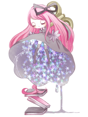 bad_id, black_legwear, book, chibi, closed_eyes, crxa, hair_ribbon, long_hair, lowres, megurine_luka, musical_note, pink_hair, ribbon, solo, thigh-highs, thighhighs, toki_no_orgel, toki_no_orgel_(vocaloid), very_long_hair, vocaloid, winding_key