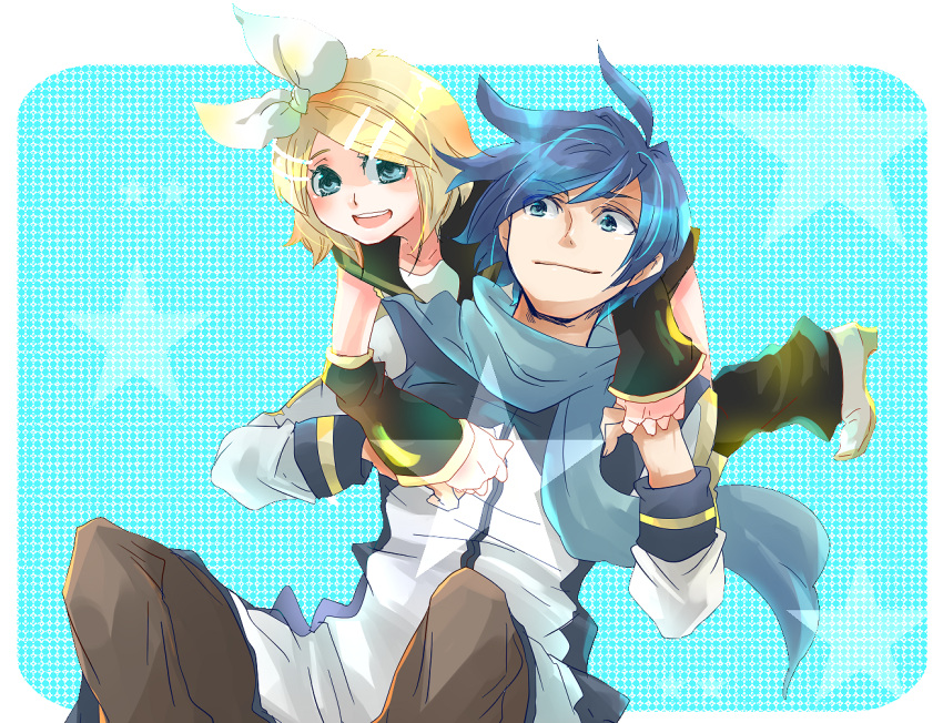 blue_eyes, blue_hair, hair_ornament, hair_ribbon, hairclip, holding, kagamine_rin, kaito