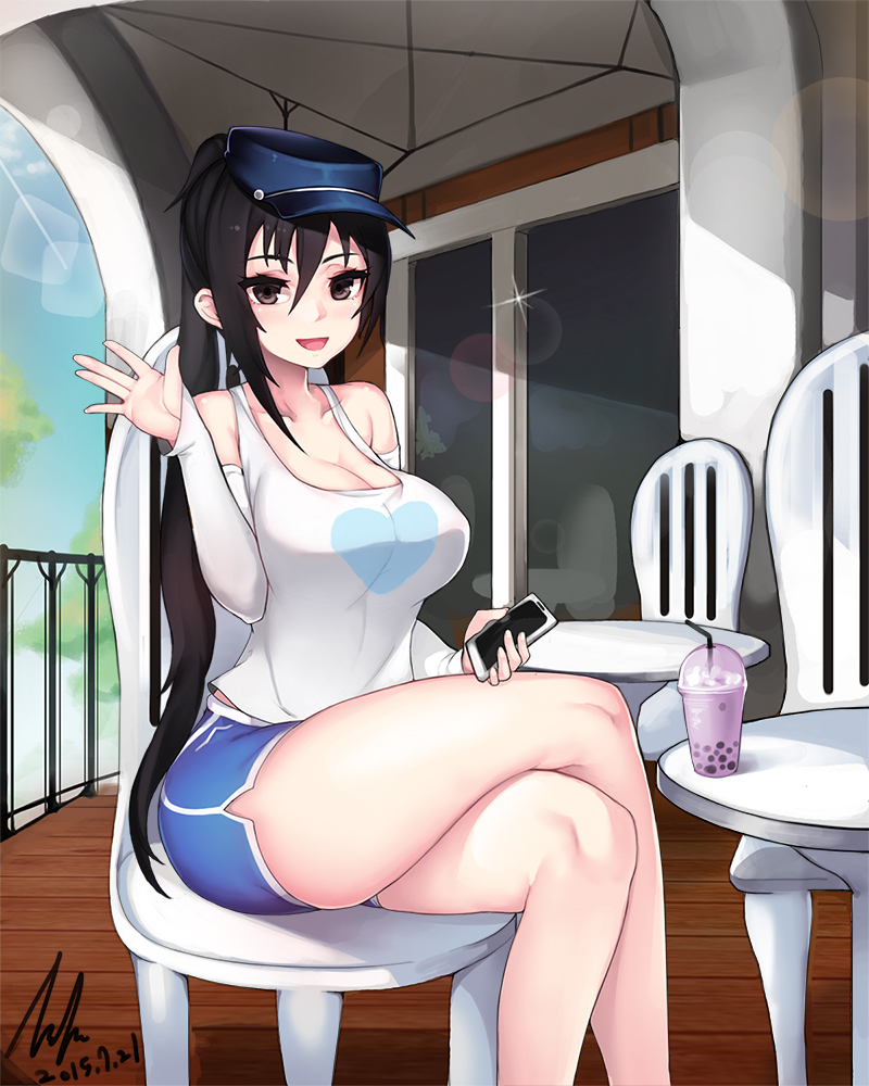 1girl, black_eyes, black_hair, blush, breasts, cellphone, chair, crossed_legs