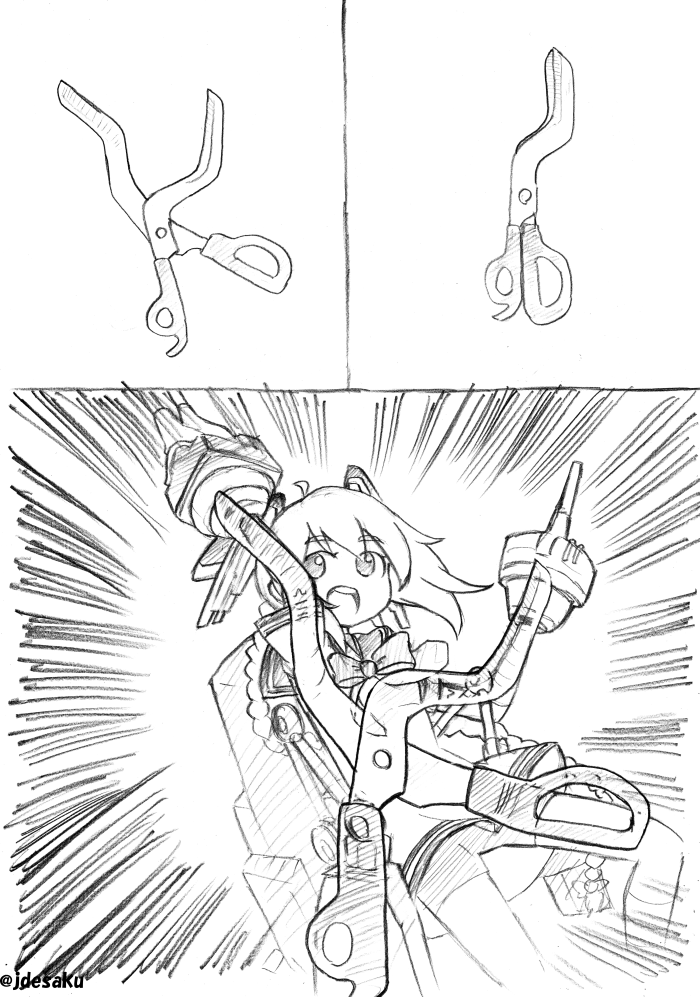 1girl, ahoge, arm_cannon, bike_shorts, braid, comic, desaku, hair_ornament, headgear, kantai_collection, long_hair, monochrome, nenohi_(kantai_collection), open_mouth, sailor_dress, school_uniform, scissors, serafuku, single_braid, smile, solo, translation_request, weapon
