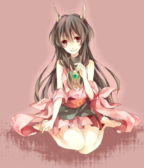 bare_shoulders, barefoot, black_hair, brown_hair, horns, karu, kneeling, long_hair