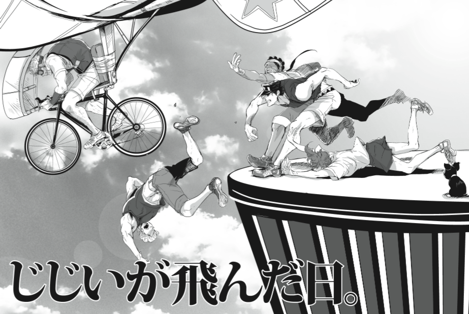 bicycle, chasing, clouds, dog, falling, gloves, goggles, greyscale