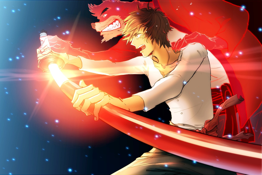 2boys, bakemono_no_ko, brown_eyes, brown_hair, katana, kumatetsu, kyuuta_(bakemono_no_ko), multiple_boys