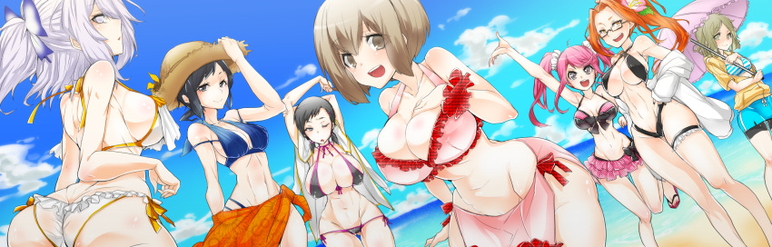 6+girls, bikini, black_hair, breasts, brown_hair, devil_survivor_2, grey_eyes, haoro