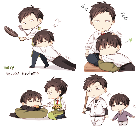 2boys, apfl0515, apron, baseball_bat, baseball_uniform, black_hair, brothers, brown_eyes