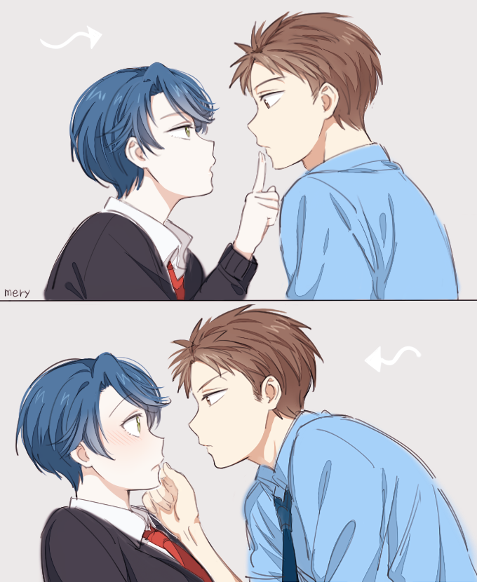 1boy, 1girl, apfl0515, blue_hair, blush, brown_eyes, brown_hair, finger_to_another's_mouth