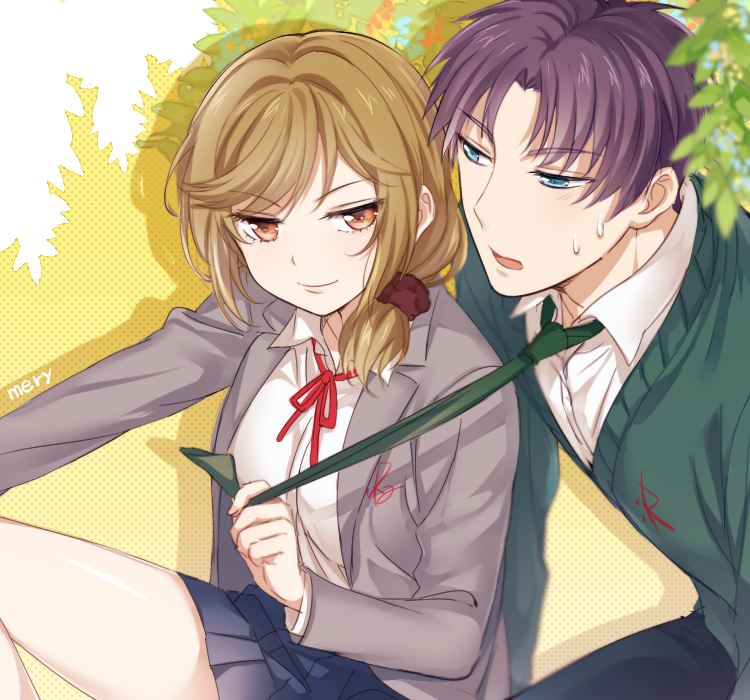 1boy, 1girl, apfl0515, blazer, blonde_hair, blue_eyes, cardigan, gekkan_shoujo_nozaki-kun