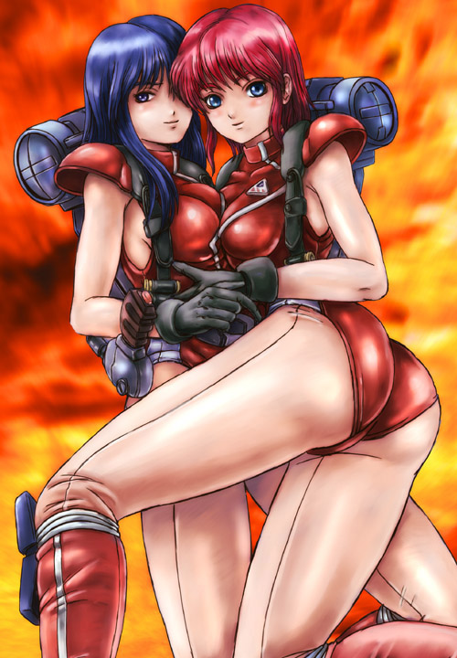 2girls, black_gloves, blue_eyes, blue_hair, boots, elise_(layla), fiery_background, fire