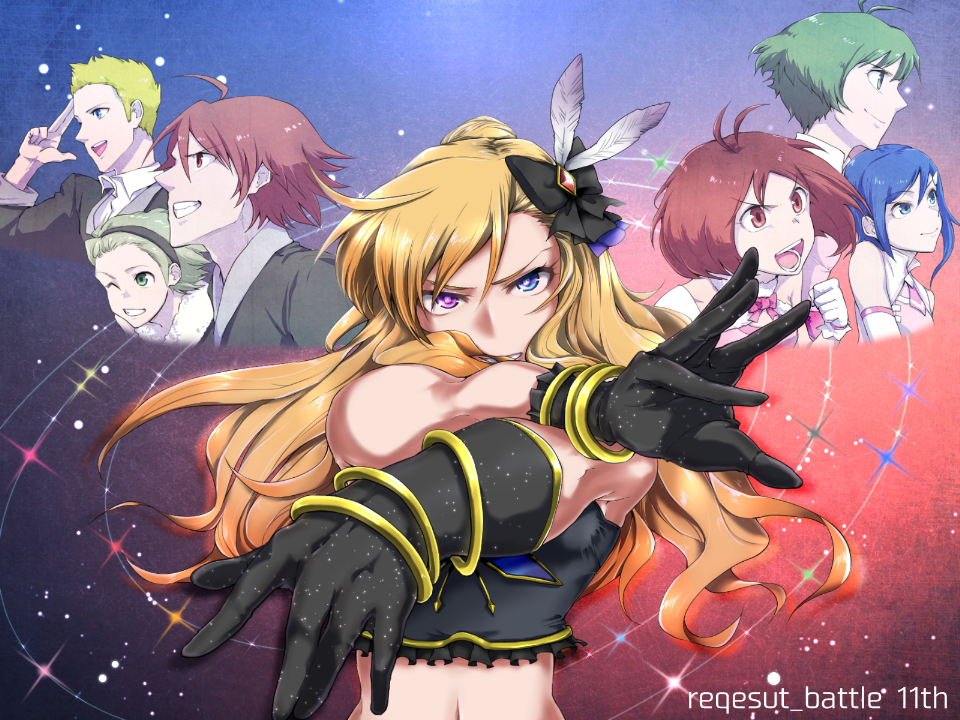 3girls, 4boys, akizuki_ryou, amagase_touma, bangle, bare_shoulders, black_gloves, blonde_hair, blue_eyes, bow, bracelet, ckb-fue-txt, crossed_arms, feathers, gloves, hair_ornament, heterochromia, hidaka_ai, idolmaster, idolmaster_2, idolmaster_dearly_stars, idolmaster_one_for_all, ijuuin_hokuto, jewelry, jupiter_(idolmaster), long_hair, looking_at_viewer, midriff, mitarai_shouta, mizutani_eri, multiple_boys, multiple_girls, reon_(idolmaster), sparkle, very_long_hair, violet_eyes