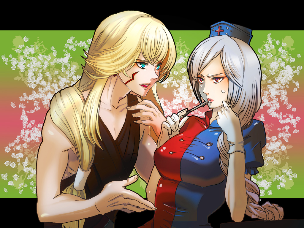 1girl, 2girls, aqua_eyes, bad_id, blonde_hair, braid, character_request, facepaint