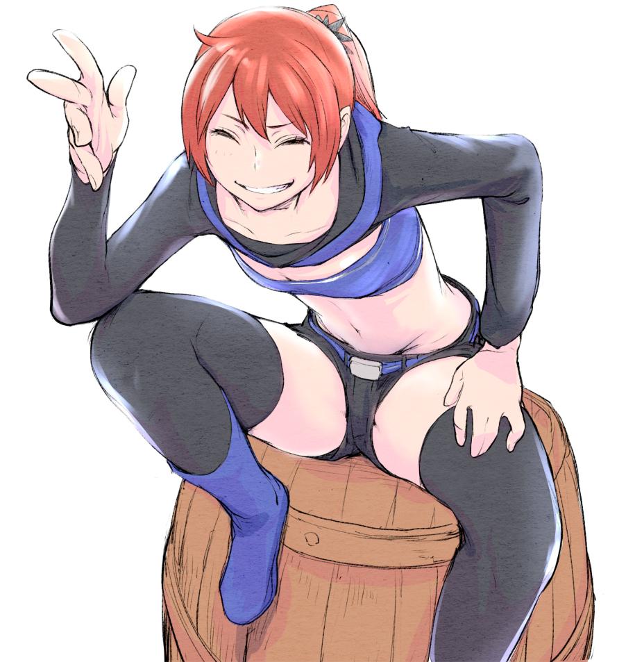 1girl, barrel, black_legwear, breasts, cleavage, closed_eyes, collarbone, dungeon_ni_deai_wo_motomeru_no_wa_machigatteiru_darou_ka