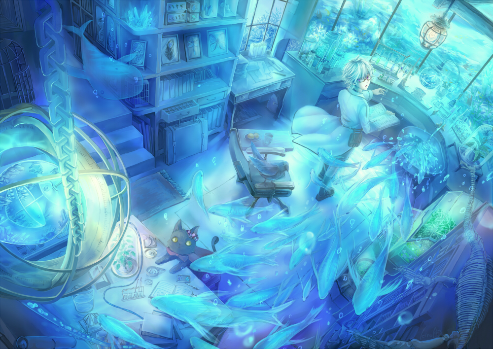 1boy, alchemy, artist_request, bird, blue, book, cat, chemistry