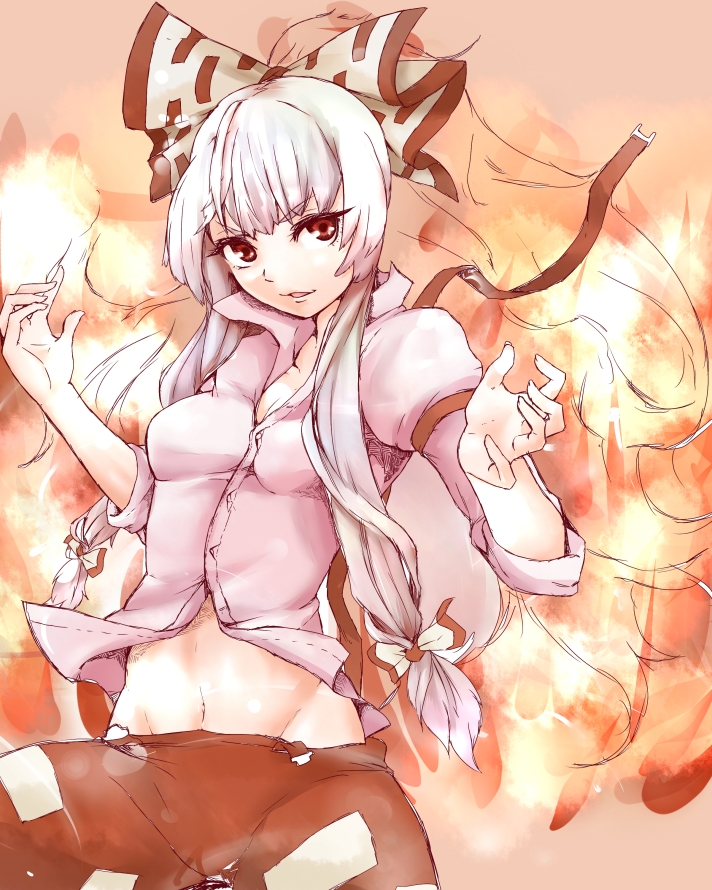 1girl, fire, fujiwara_no_mokou, hair_ribbon, high_ponytail, long_hair, looking_at_viewer, no_panties