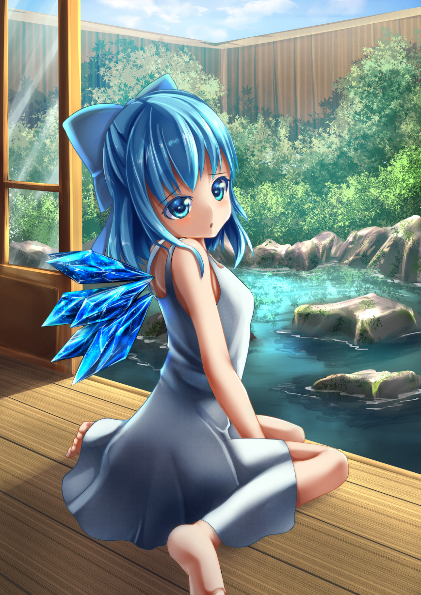 1girl, bare_shoulders, barefoot, blue_eyes, blue_hair, blush, cirno, dress